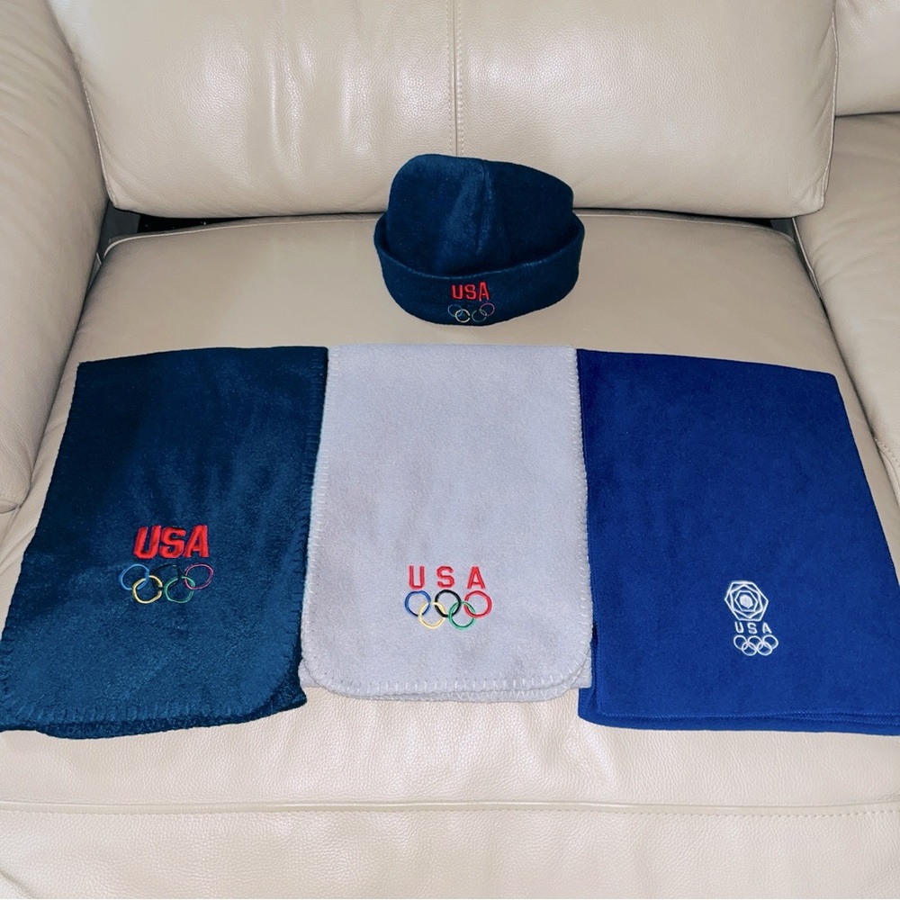 New 4pc USA OLYMPIC Rings Fleece Navy Hat,3 Scarves 57x10 navy, gray, periwinkle